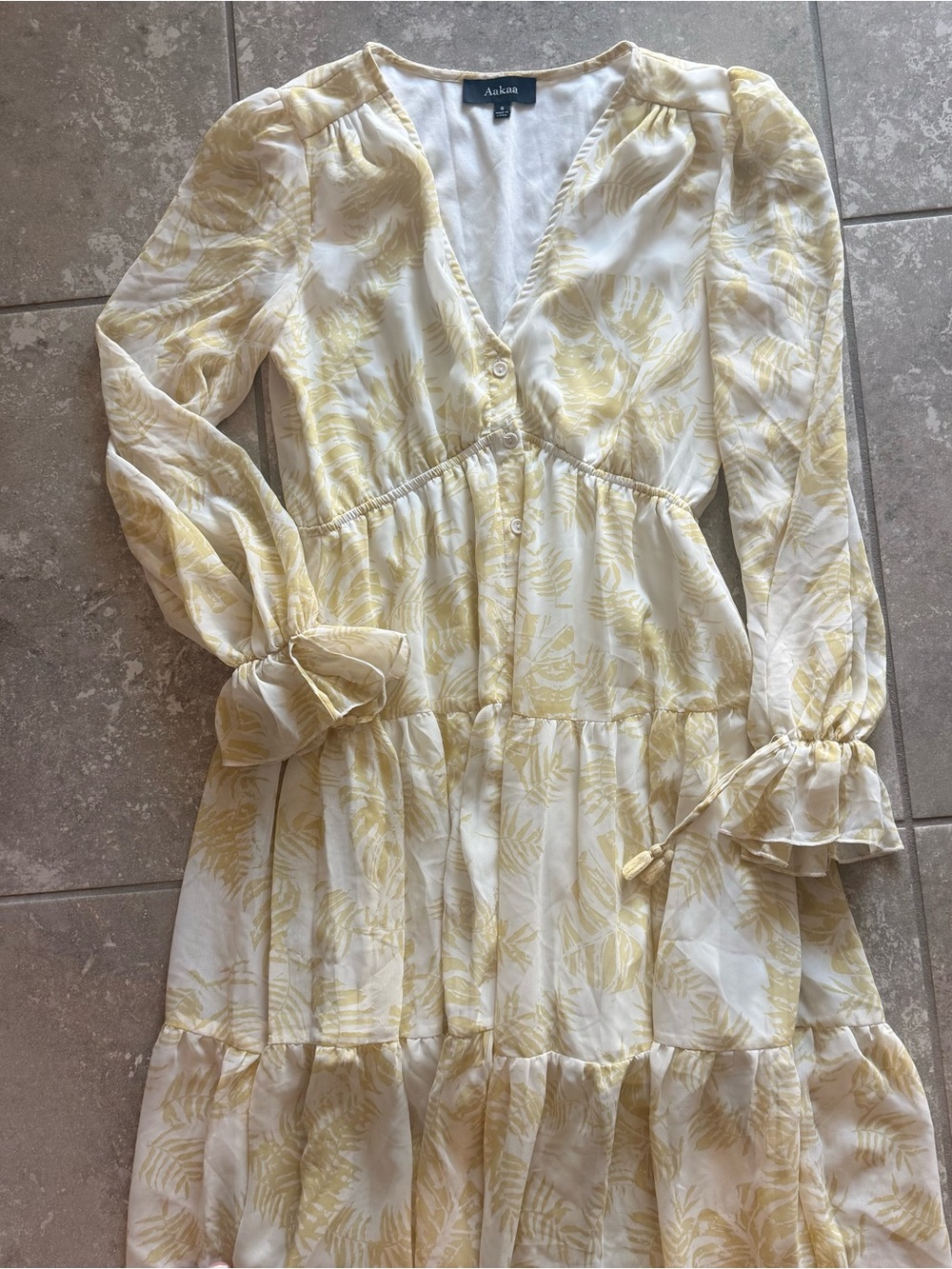 Aakaa Cream and Pale Yellow Long Sleeve Tiered Midi Dress